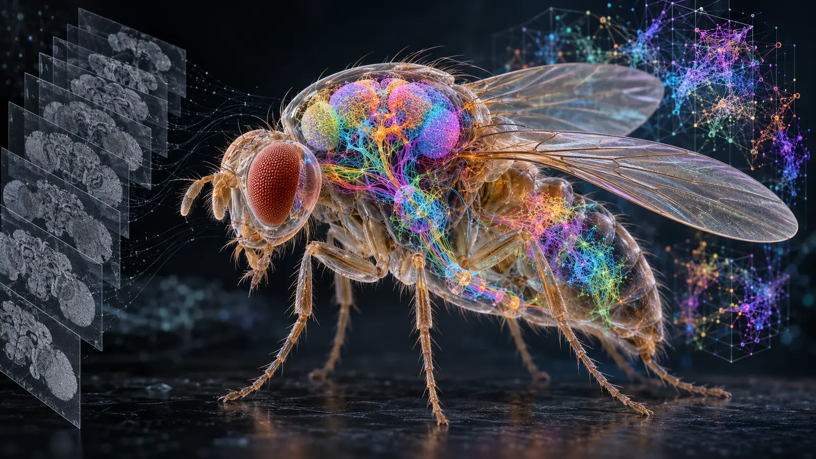 Mosca de la fruta translúcida con su red neuronal reconstruida en tres dimensiones